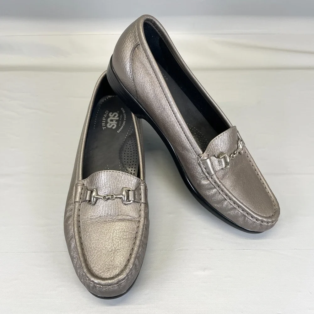 SAS Metro Horsebit Loafers Womens Size 9.5 M Gray Silver Leather Tripad Shoes